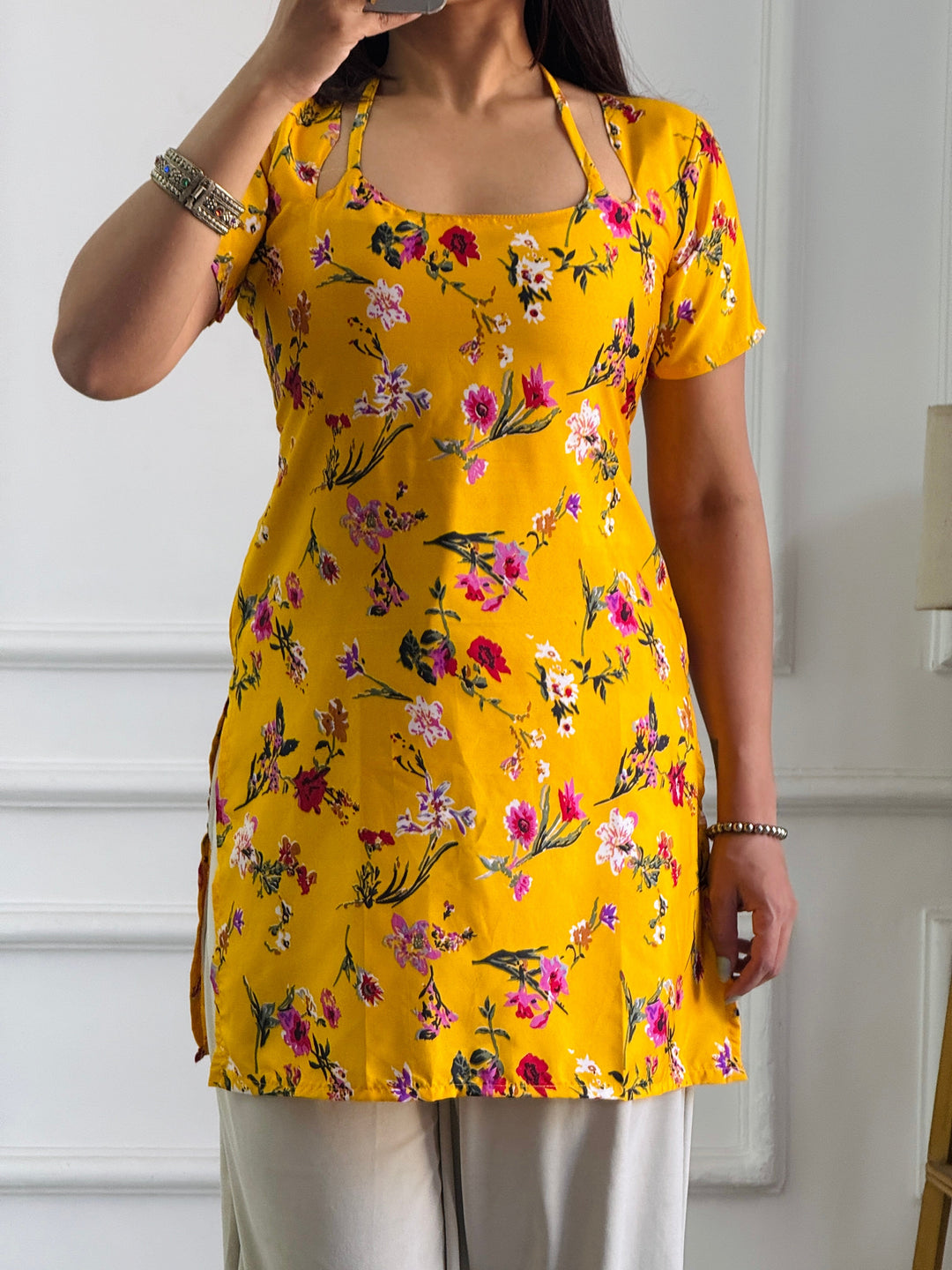 Bright Yellow Floral Cambric Cotton Kurti with Corset Back