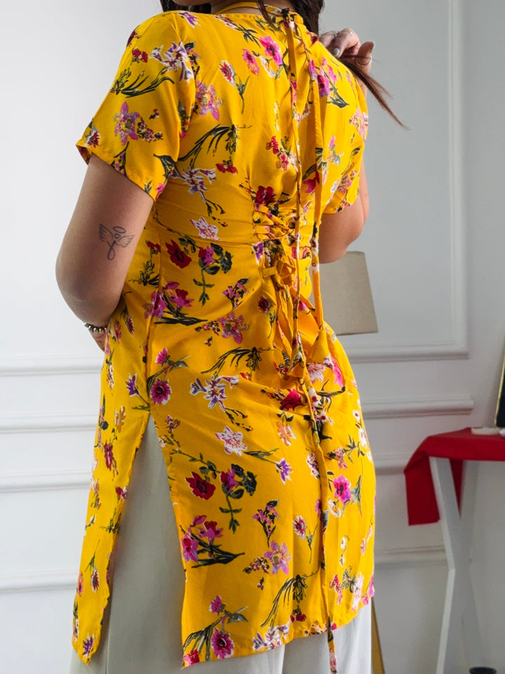 Bright Yellow Floral Cambric Cotton Kurti with Corset Back
