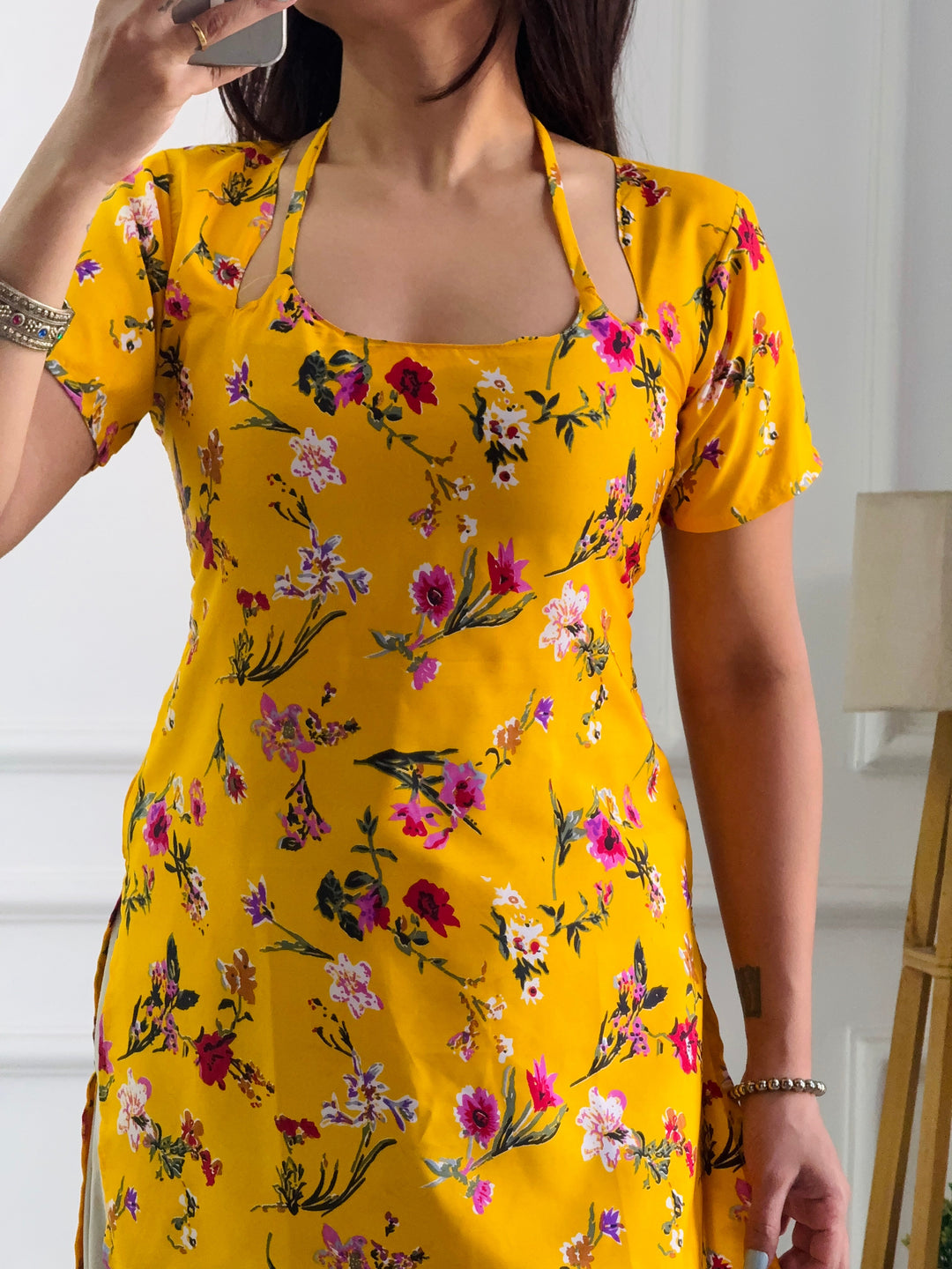 Bright Yellow Floral Cambric Cotton Kurti with Corset Back