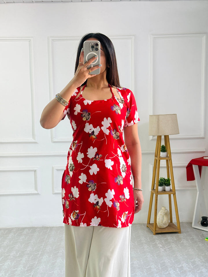 Bold Red Floral Cambric Cotton Kurti with Lace-Up Detail
