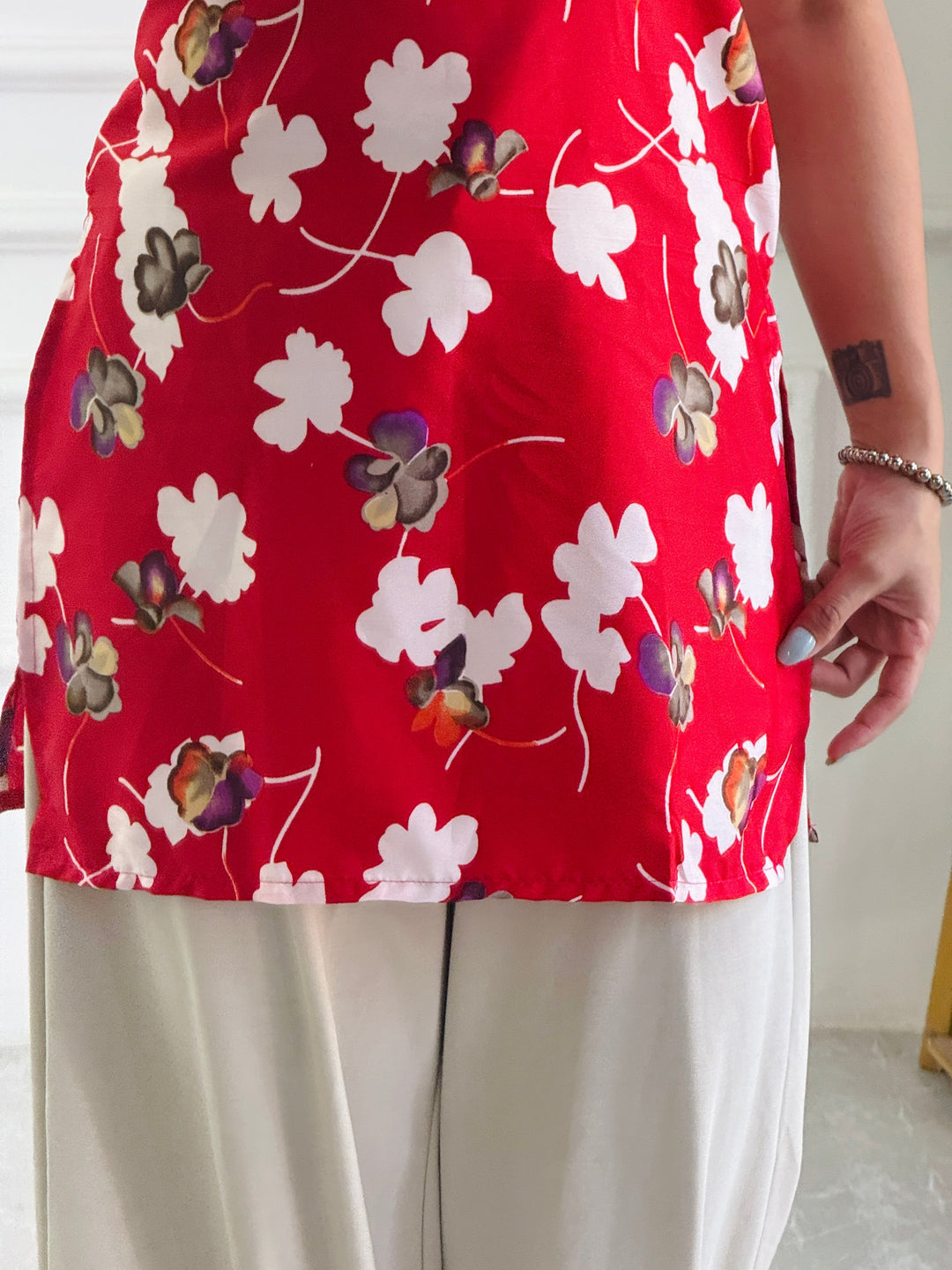 Bold Red Floral Cambric Cotton Kurti with Lace-Up Detail