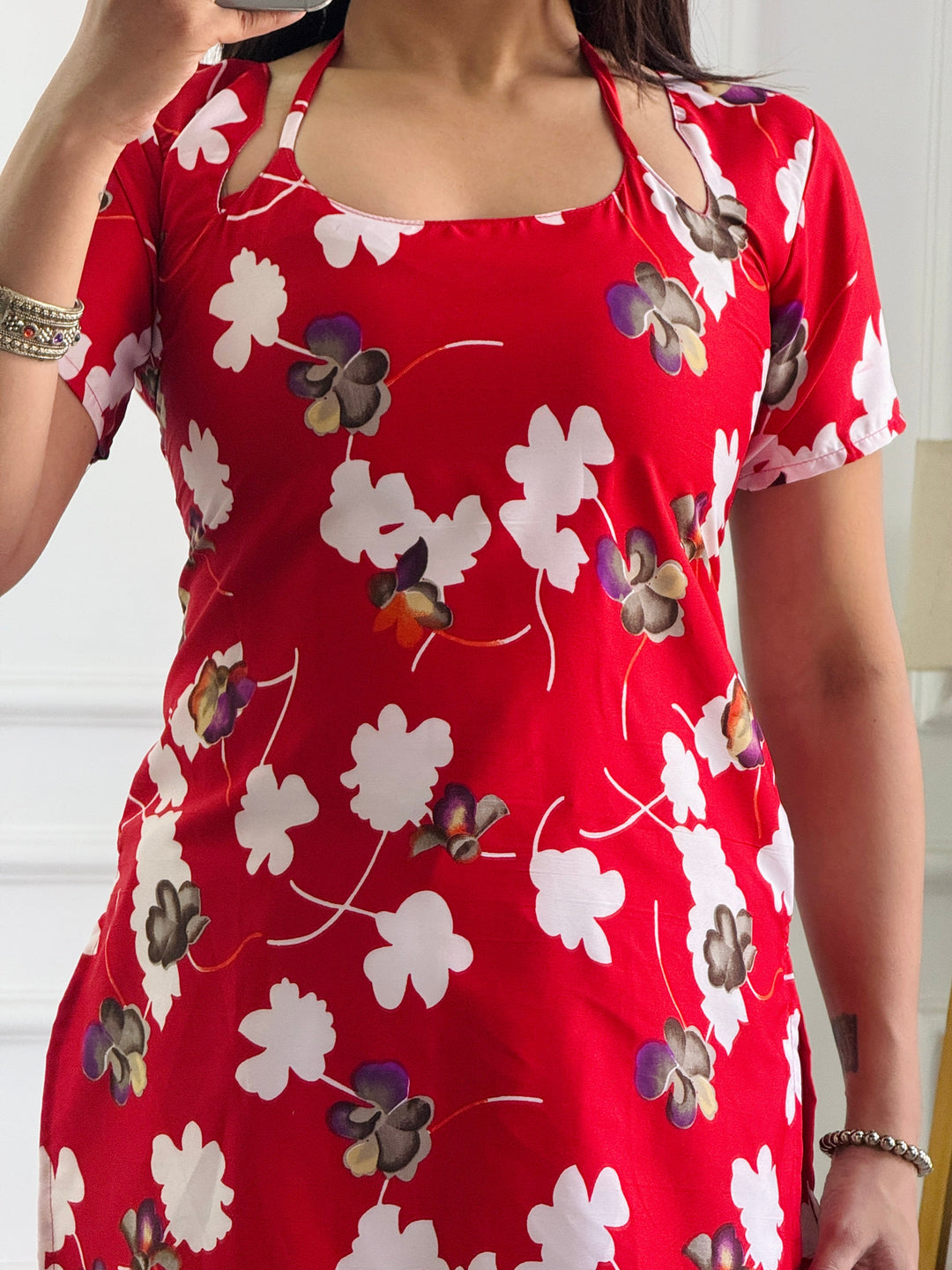 Bold Red Floral Cambric Cotton Kurti with Lace-Up Detail