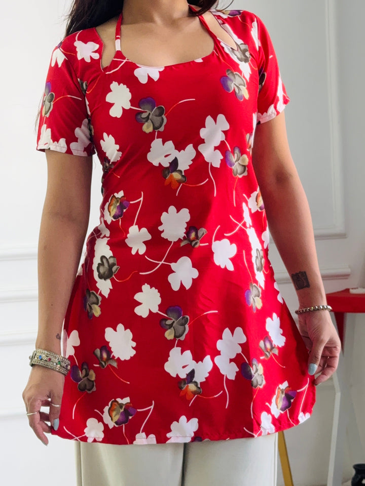 Bold Red Floral Cambric Cotton Kurti with Lace-Up Detail