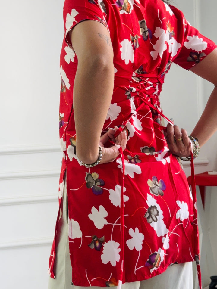 Bold Red Floral Cambric Cotton Kurti with Lace-Up Detail