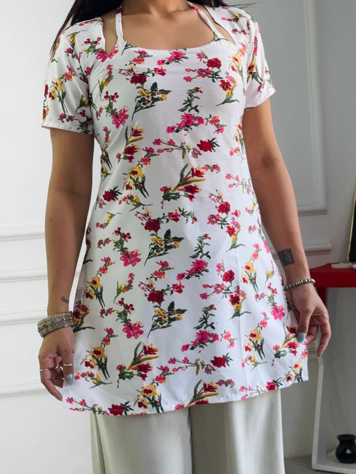 White Base Floral Print Cambric Cotton Kurti with Corset Back