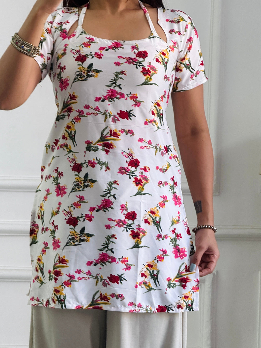 White Base Floral Print Cambric Cotton Kurti with Corset Back