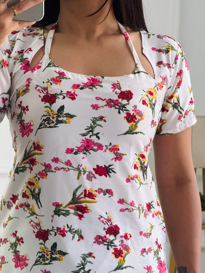 White Base Floral Print Cambric Cotton Kurti with Corset Back