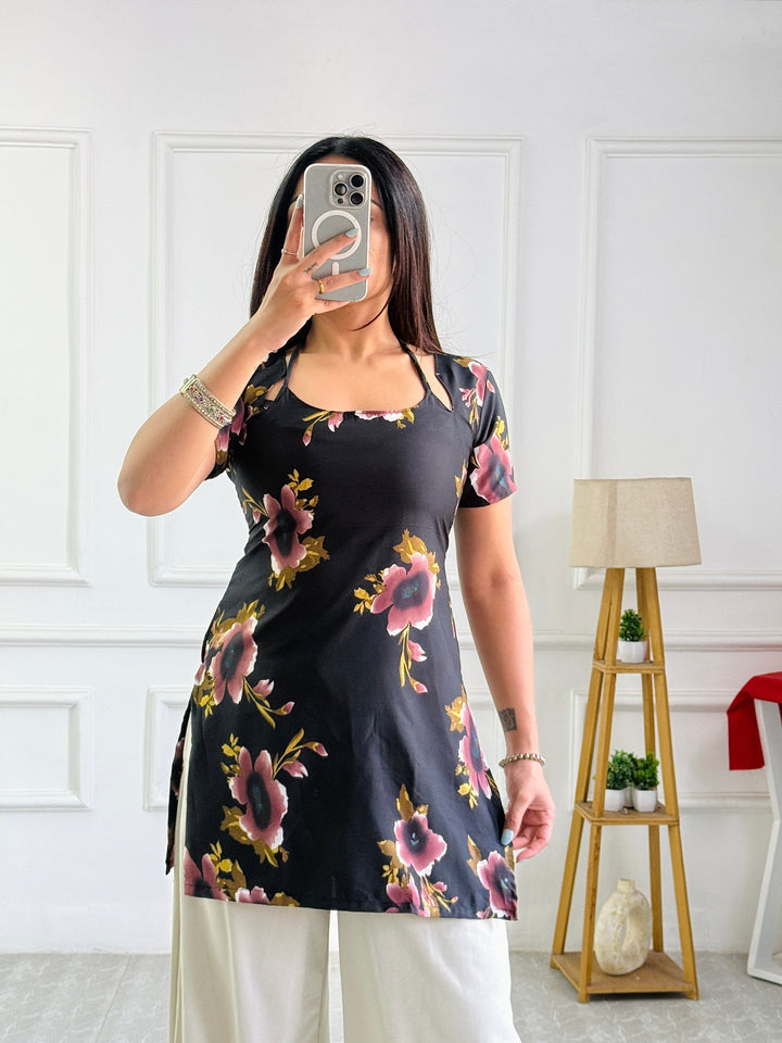 Burgundy & Black Floral Tunic with Adjustable Corset Back