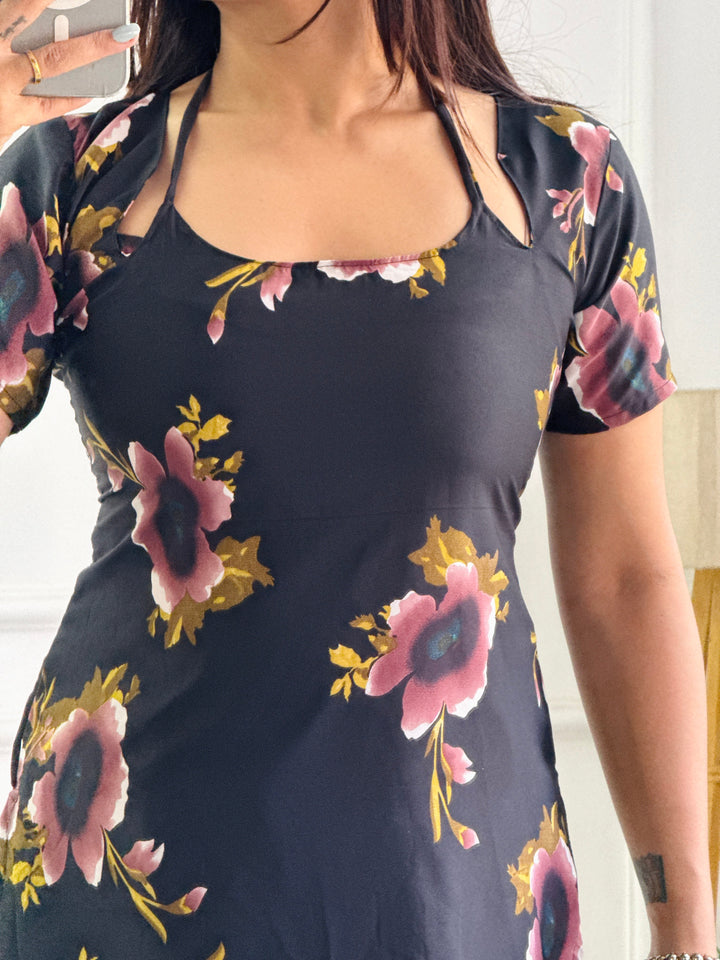 Burgundy & Black Floral Tunic with Adjustable Corset Back