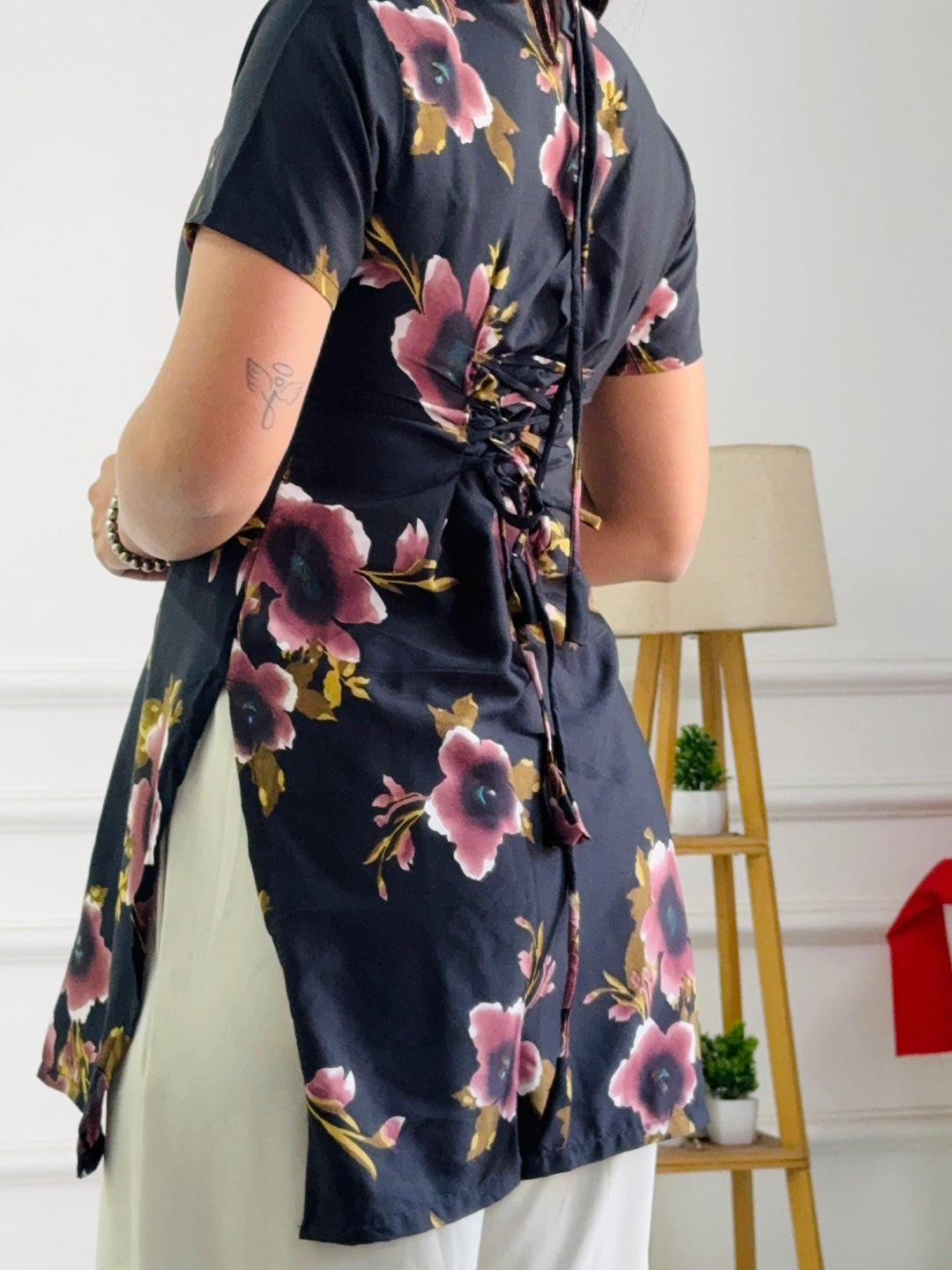 Burgundy & Black Floral Tunic with Adjustable Corset Back