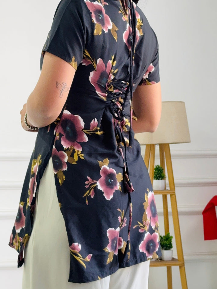 Burgundy & Black Floral Tunic with Adjustable Corset Back