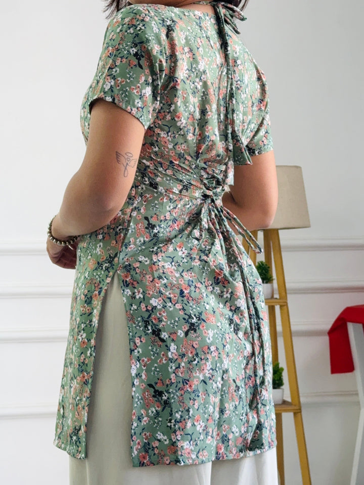 Halter Neck Floral Tunic with Custom Fit Back Lacing - Sage Green