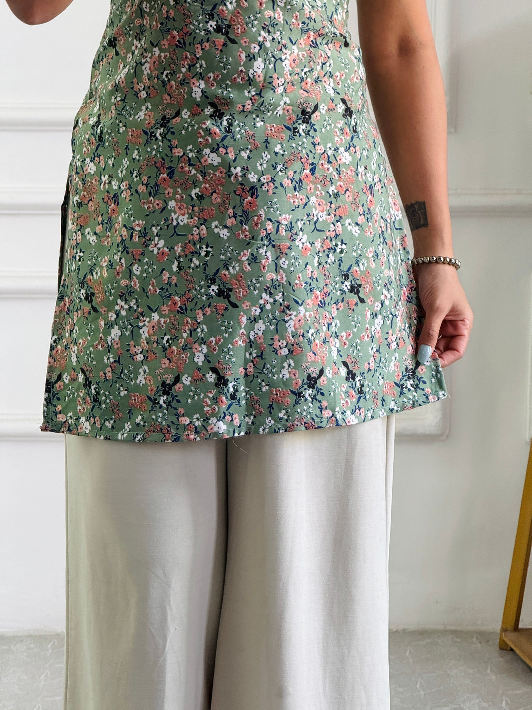 Halter Neck Floral Tunic with Custom Fit Back Lacing - Sage Green