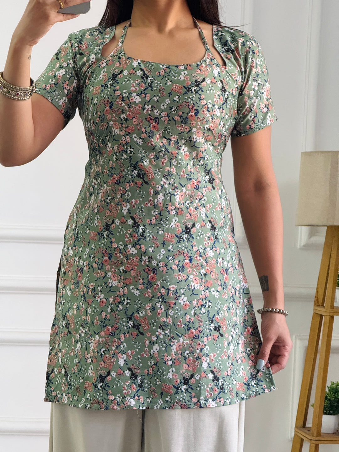 Halter Neck Floral Tunic with Custom Fit Back Lacing - Sage Green