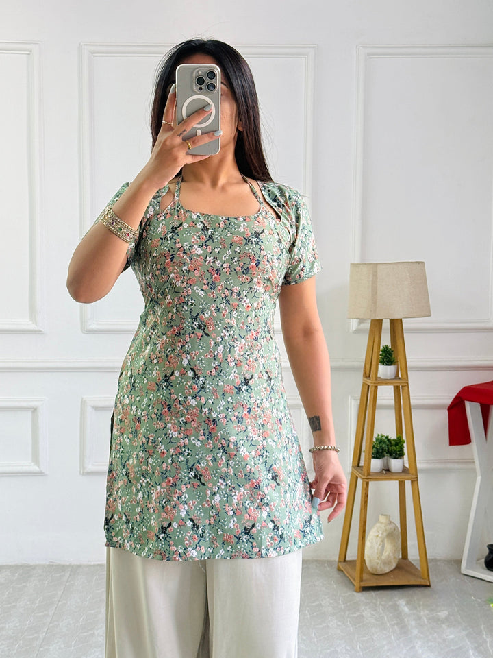 Halter Neck Floral Tunic with Custom Fit Back Lacing - Sage Green