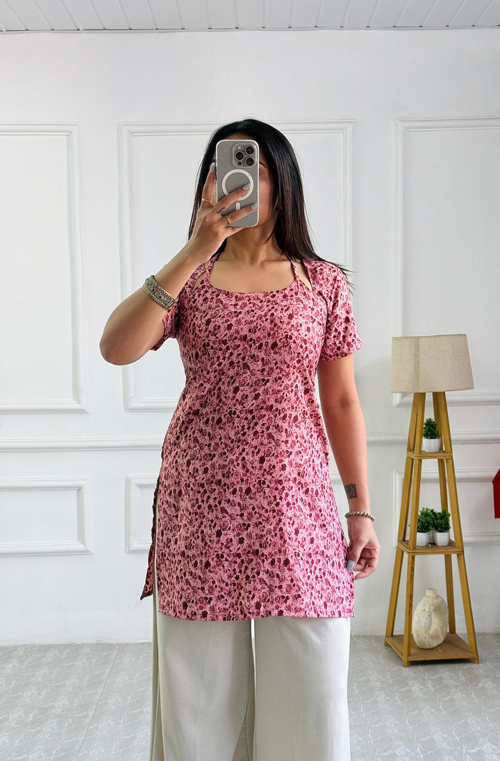 Dusty Pink Micro Floral Cambric Cotton Kurti with Corset Back