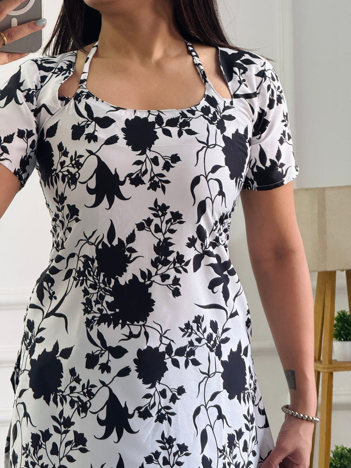 Classic Black & White Floral Multi-Wear Tunic - Adjustable Fit