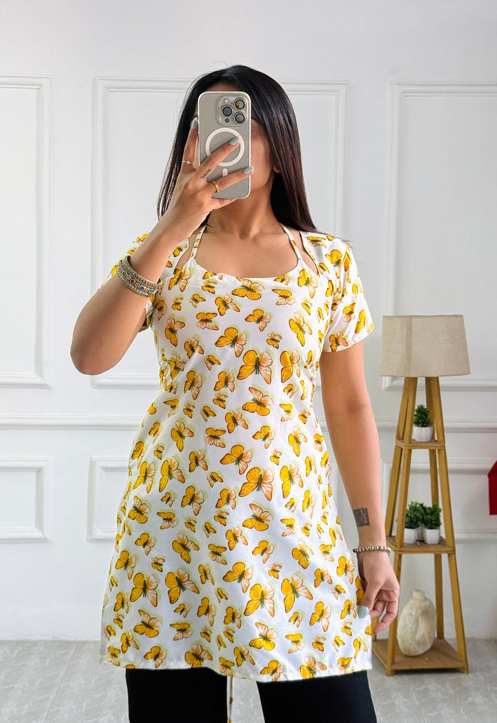 Butterfly Print Cambric Cotton Kurti with Corset Back