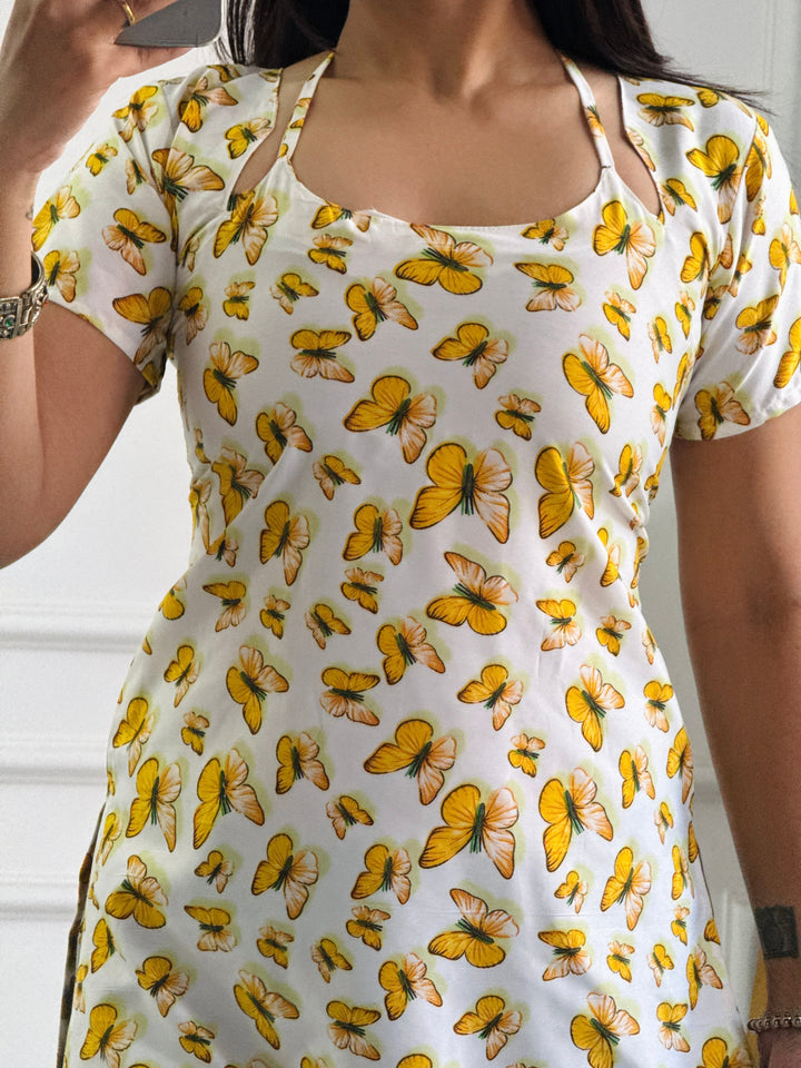 Butterfly Print Cambric Cotton Kurti with Corset Back