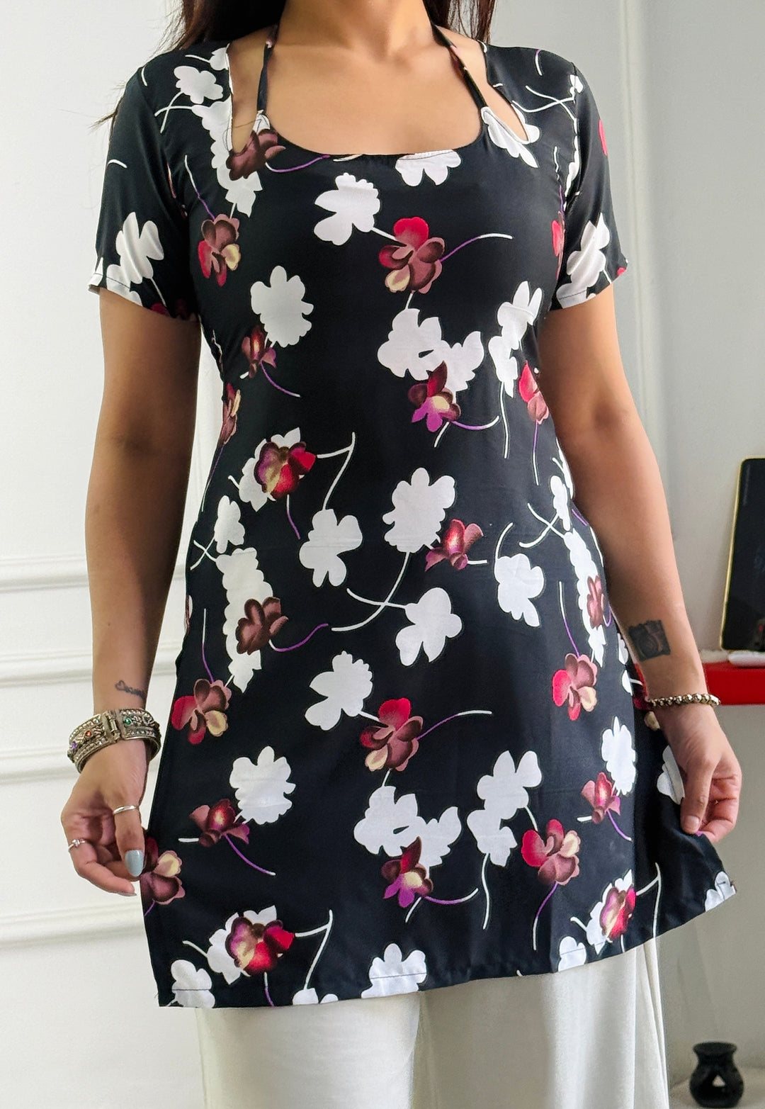 Statement Black Floral Tunic with Adjustable Corset Back