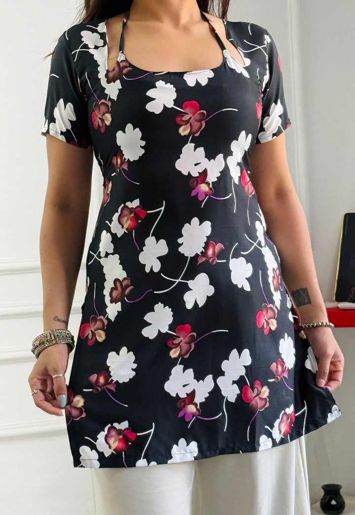 Statement Black Floral Tunic with Adjustable Corset Back