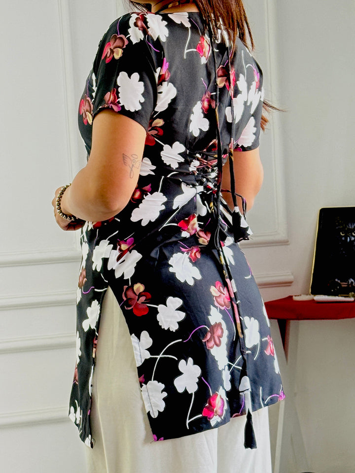 Statement Black Floral Tunic with Adjustable Corset Back