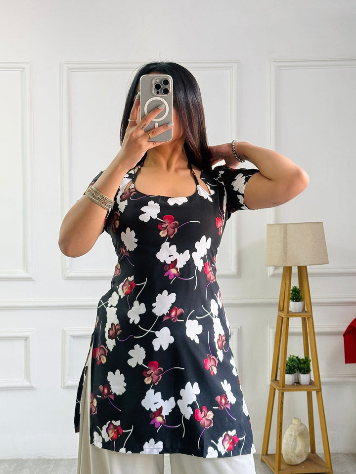 Statement Black Floral Tunic with Adjustable Corset Back