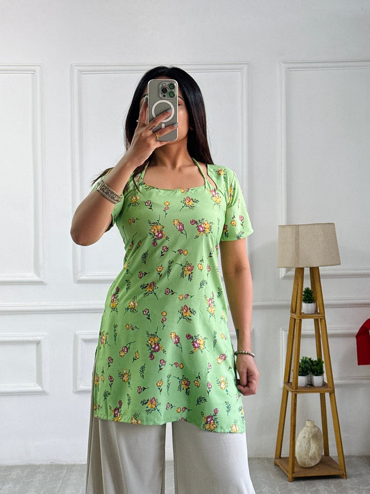 Lime Green Floral Cambric Cotton Kurti with Corset Back