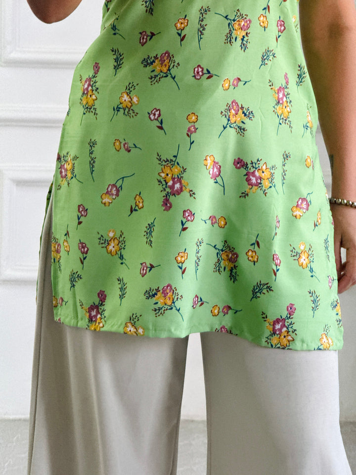 Lime Green Floral Cambric Cotton Kurti with Corset Back