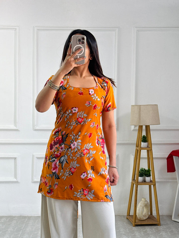 Marigold Floral Print Kurti with Adjustable Corset Back