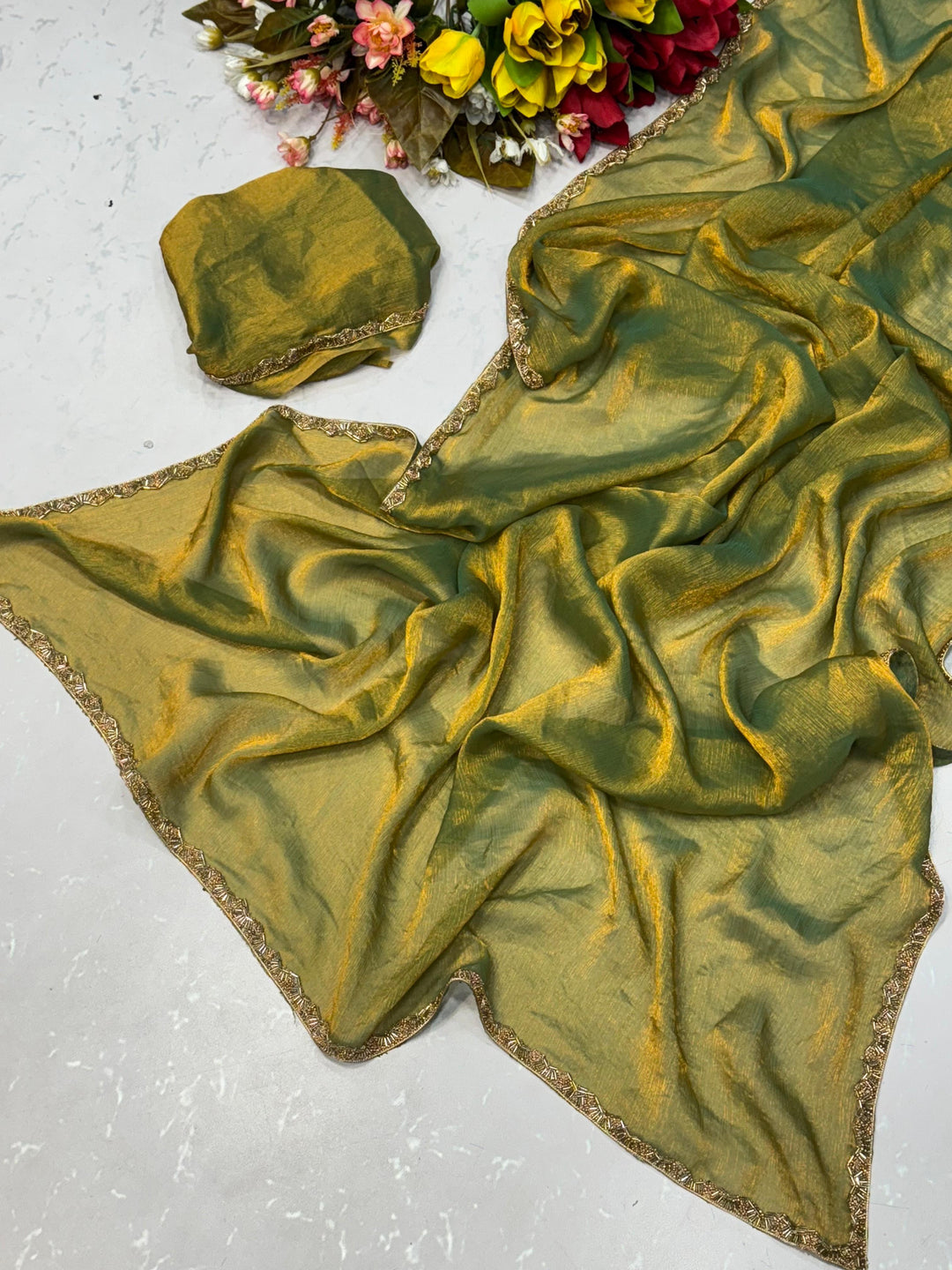 Ombre Elegance: Shaded Chiffon Sarees with Zari Borders