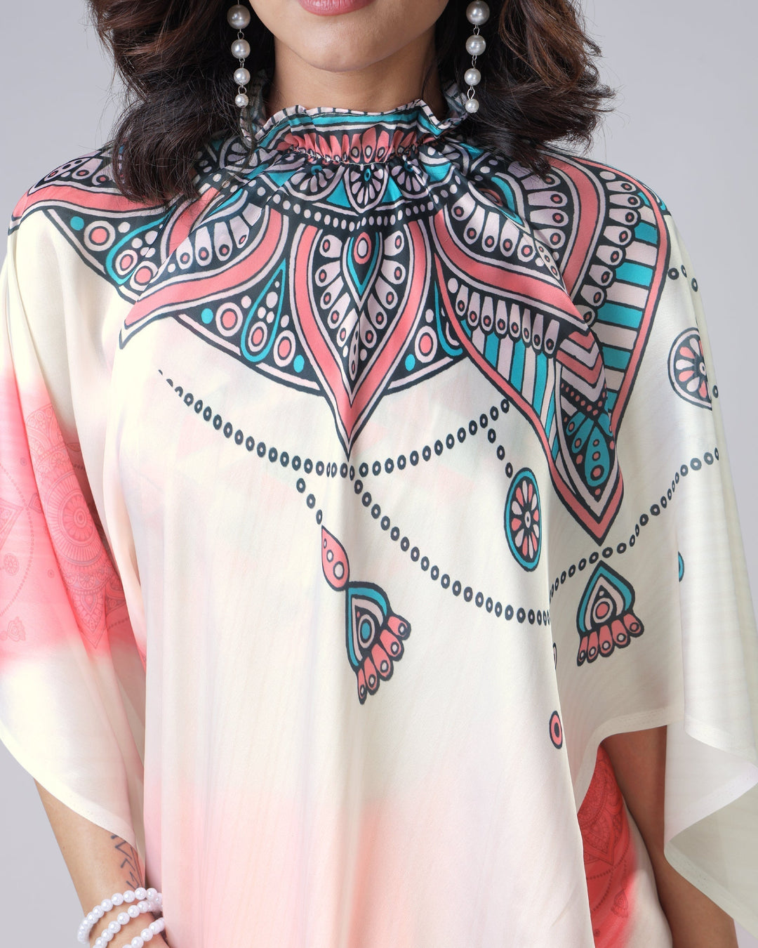 Coral Cream Mandala Print Freehand Saree – Handsfree Draping Elegance