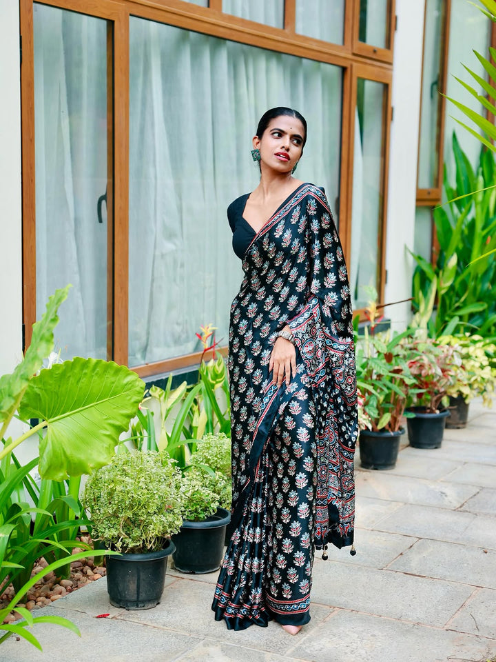Midnight Black Pure Modal Silk Saree with Ajrakh Inspired Floral Print & Heritage Designer Pall