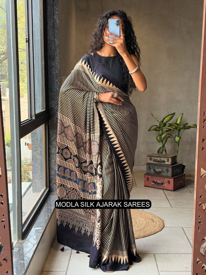 Black & Beige Modal Silk Ajrakh Printed Saree with Geometric Stripes, Heritage Pallu & Tassel Detailing