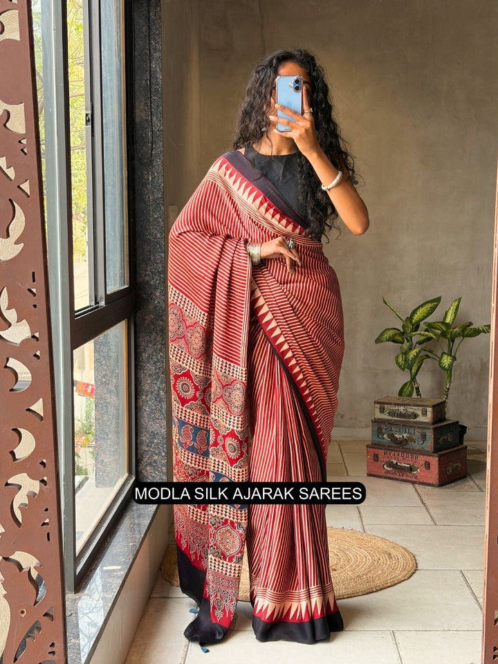 Red & Beige Modal Silk Ajrakh Printed Saree with Striped Design, Heritage Pallu & Tassel Detailing