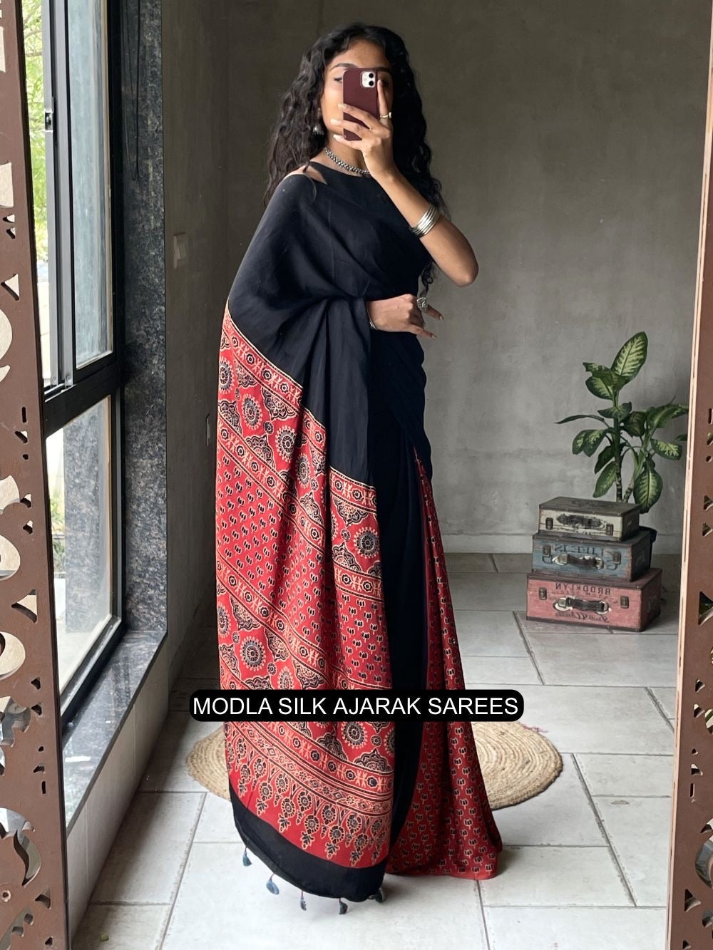 Black & Red Modal Silk Ajrakh Printed Saree with Heritage Border, Traditional Pallu & Tassel Detailing