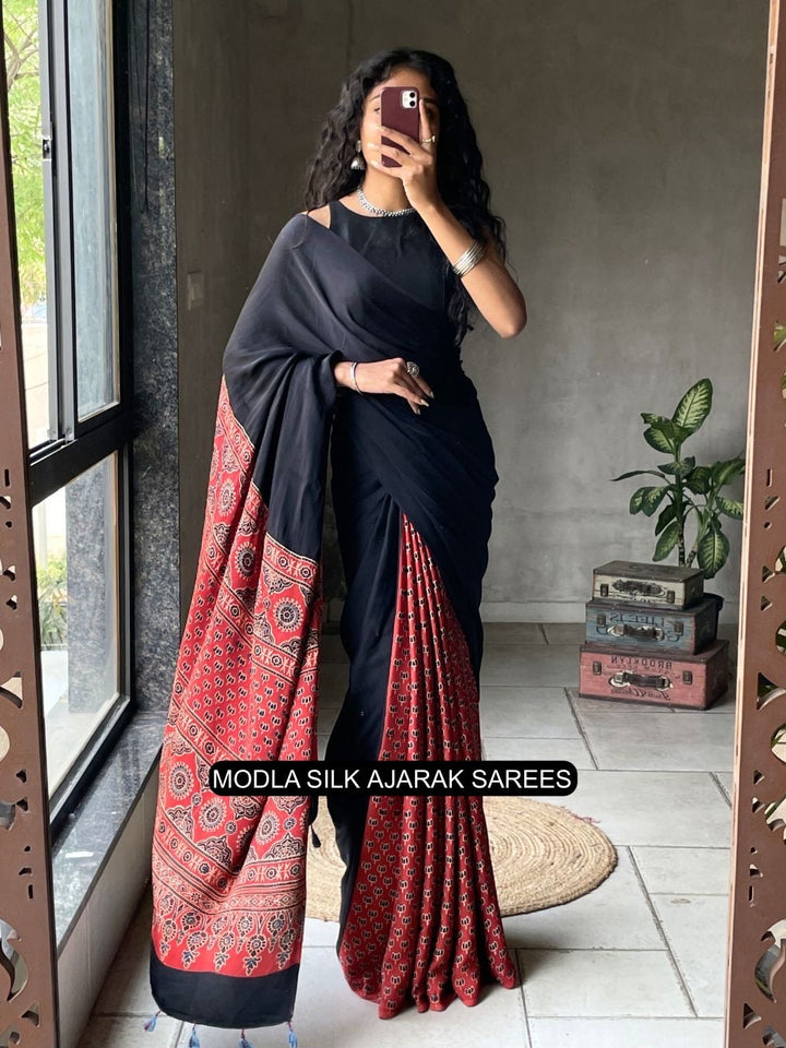 Black & Red Modal Silk Ajrakh Printed Saree with Heritage Border, Traditional Pallu & Tassel Detailing