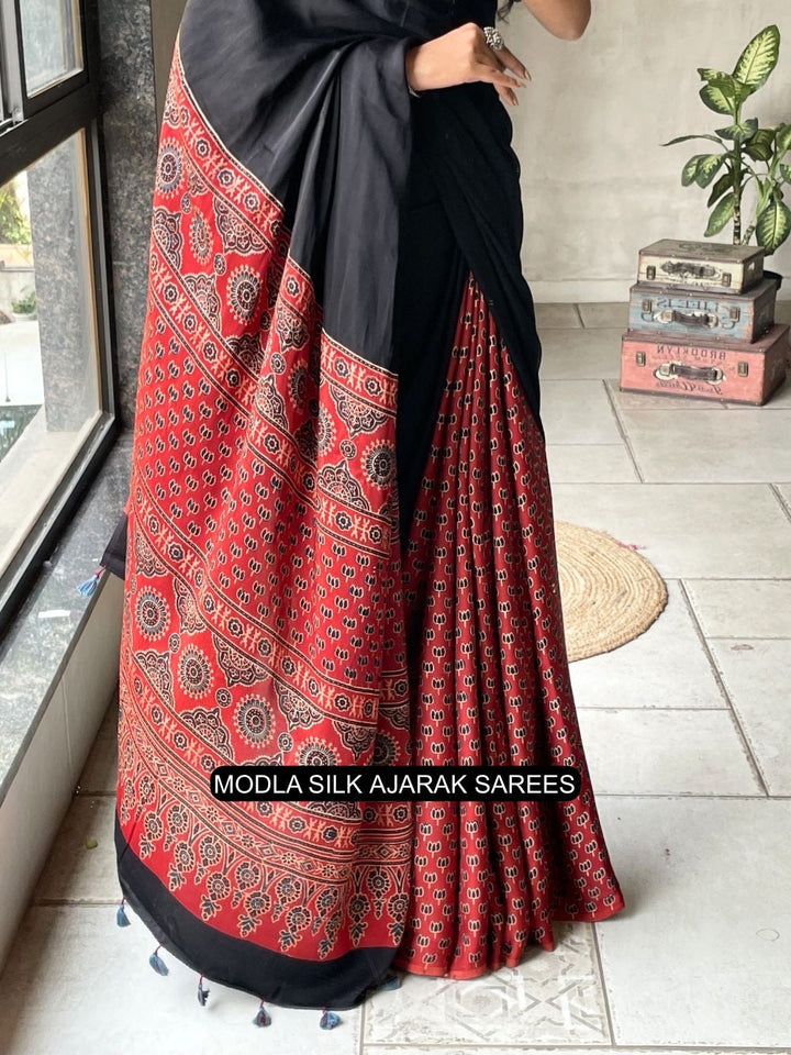 Black & Red Modal Silk Ajrakh Printed Saree with Heritage Border, Traditional Pallu & Tassel Detailing