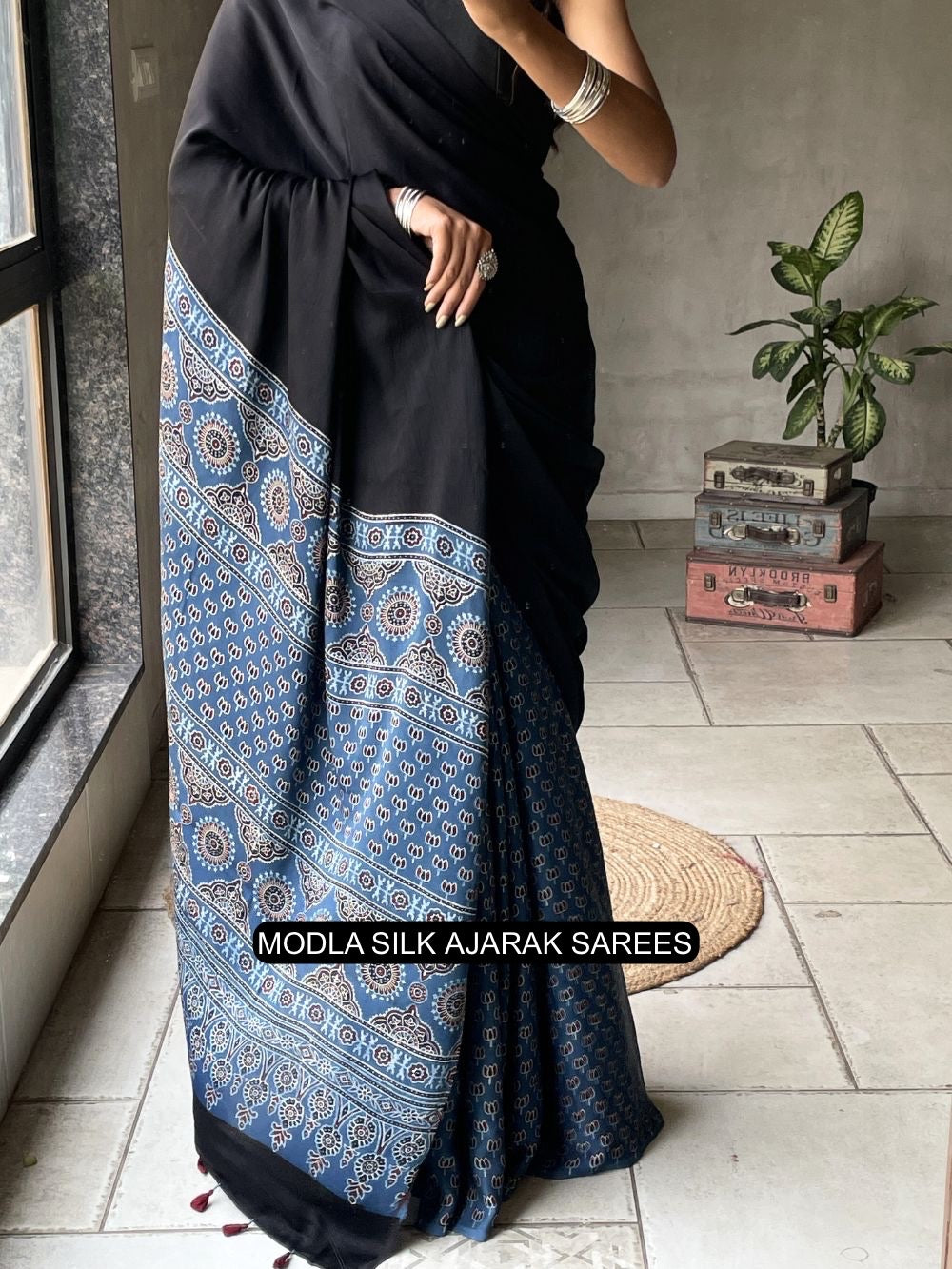 Black & Indigo Blue Modal Silk Ajrakh Saree with Heritage Printed Pallu, Traditional Motifs & Tassel Detailing