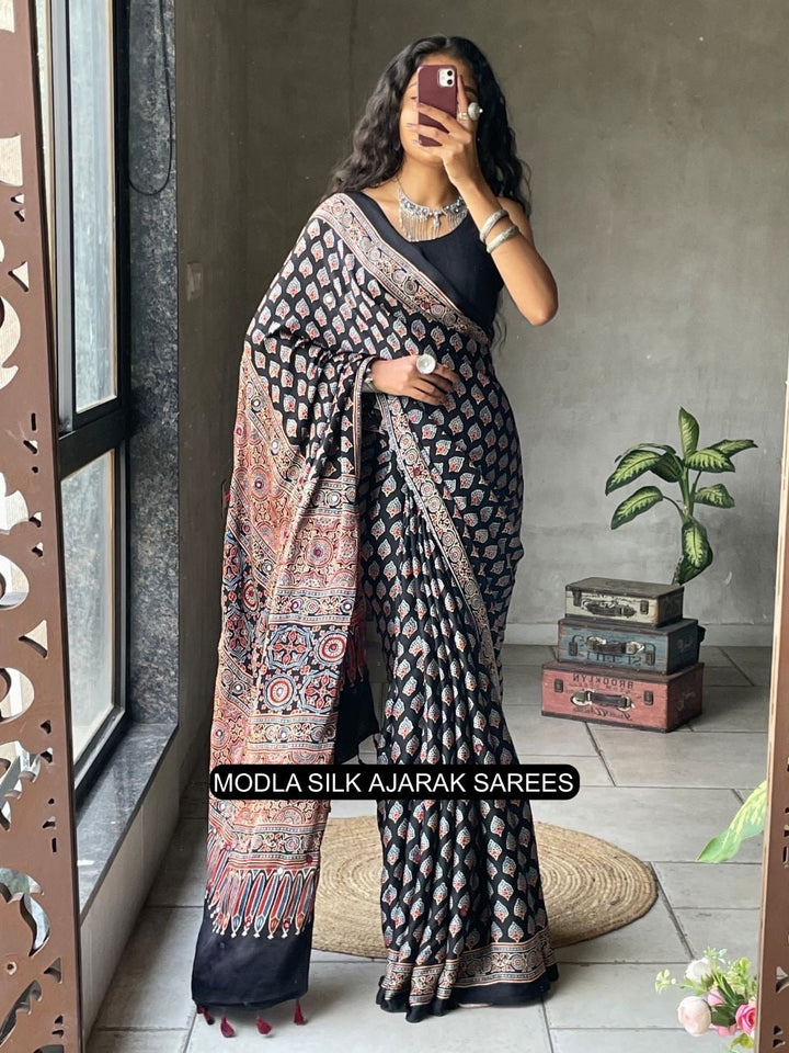 Black Modal Silk Ajrakh Printed Saree with Traditional Buta Motifs, Heritage Artistic Pallu & Intricate Ethnic Border