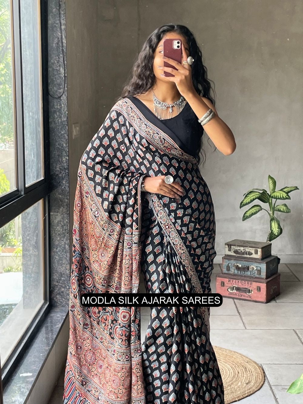 Black Modal Silk Ajrakh Printed Saree with Traditional Buta Motifs, Heritage Artistic Pallu & Intricate Ethnic Border