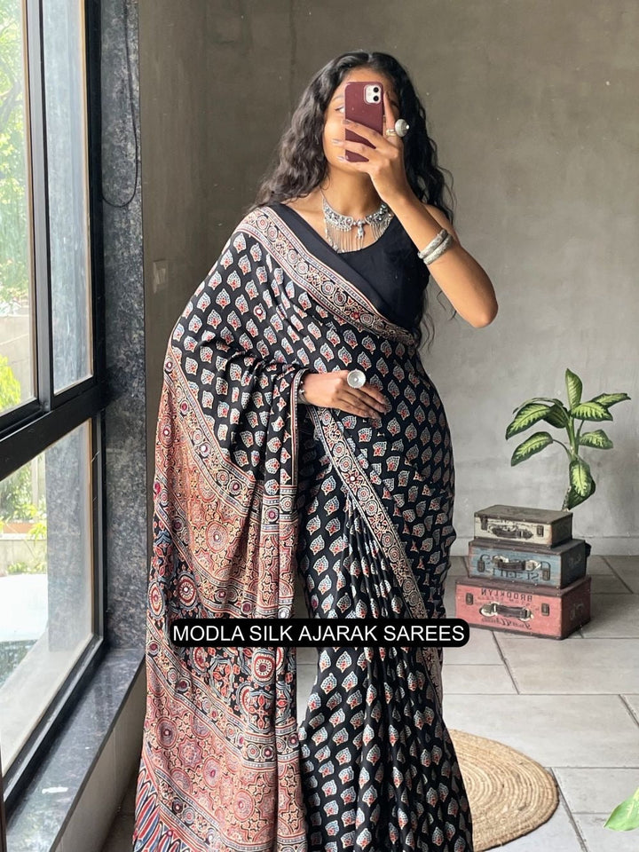 Black Modal Silk Ajrakh Printed Saree with Traditional Buta Motifs, Heritage Artistic Pallu & Intricate Ethnic Border