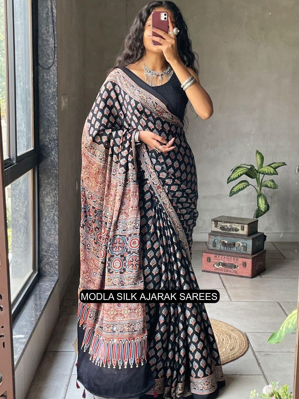Black Modal Silk Ajrakh Printed Saree with Traditional Buta Motifs, Heritage Artistic Pallu & Intricate Ethnic Border