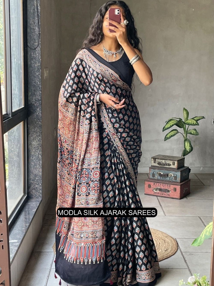 Black Modal Silk Ajrakh Printed Saree with Traditional Buta Motifs, Heritage Artistic Pallu & Intricate Ethnic Border