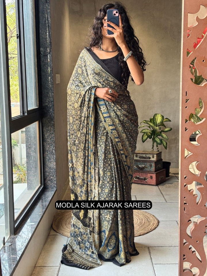 Black Modal Silk Ajrakh Printed Saree with Heritage Geometric Motifs, Traditional Border & Artistic Ethnic Pallu