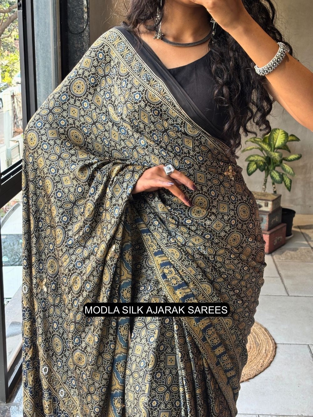 Black Modal Silk Ajrakh Printed Saree with Heritage Geometric Motifs, Traditional Border & Artistic Ethnic Pallu