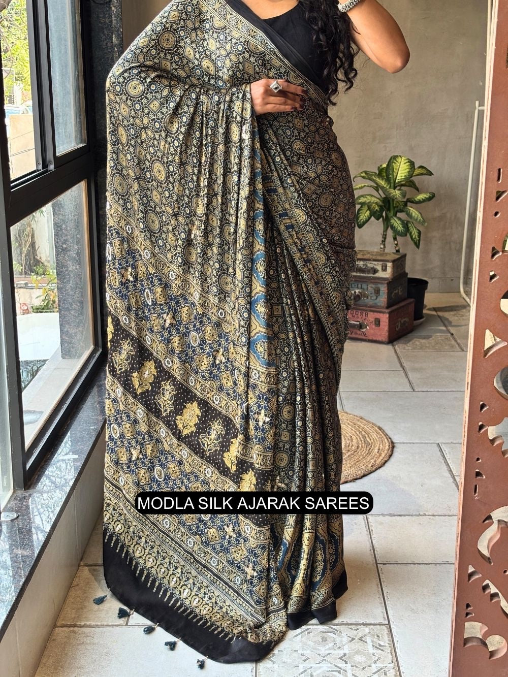 Black Modal Silk Ajrakh Printed Saree with Heritage Geometric Motifs, Traditional Border & Artistic Ethnic Pallu
