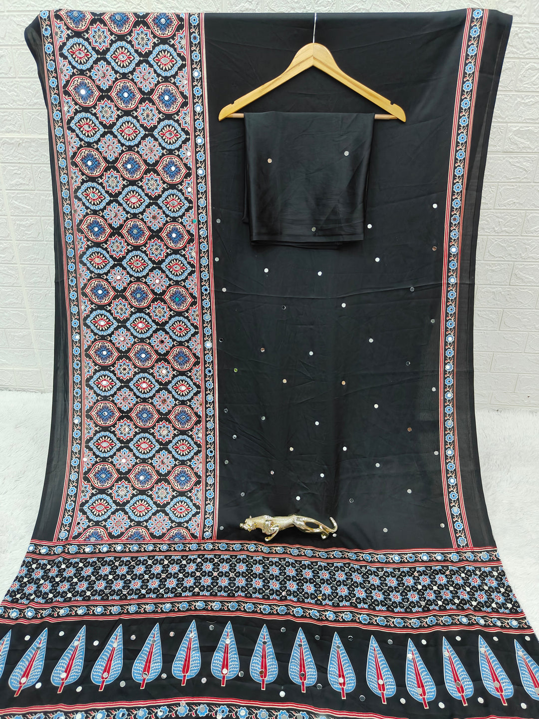 Black Ajrakh Printed Modal Silk Saree with Designer Pallu & Attached Blouse | Traditional Ethnic, Festive & Office Wear Saree