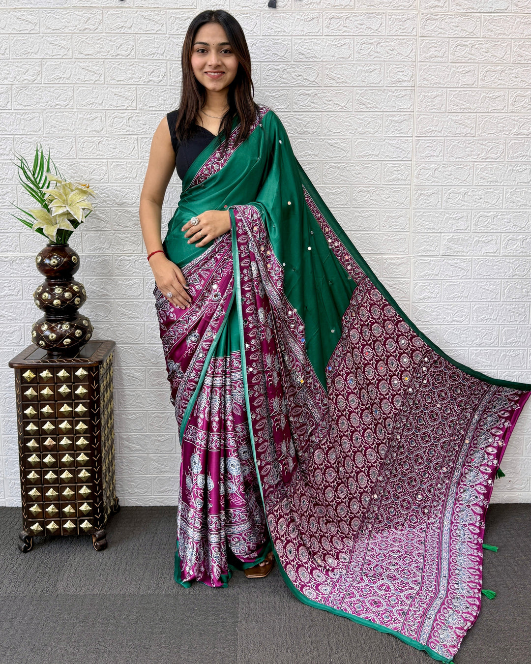 Emerald Green Ajrakh Printed Modal Silk Saree with Designer Pallu & Tassels | Traditional Ethnic, Festive & Office Wear Saree