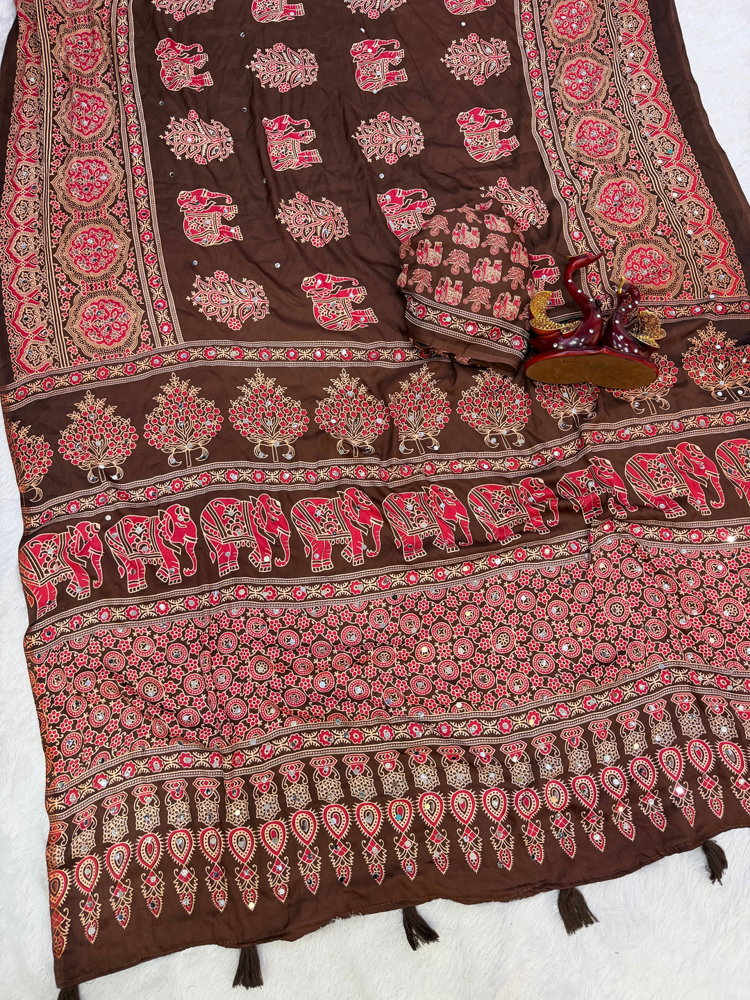Chocolate Brown Modal Silk Saree with Elephant Motif Heritage Print & Designer Pallu | Traditional Festive Wear Saree